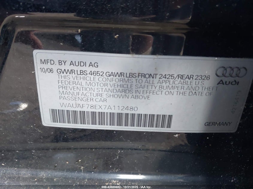 2007 Audi A4 2.0T VIN: WAUAF78EX7A112480 Lot: 43580482