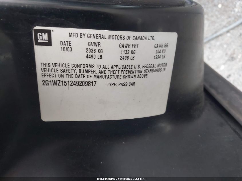 2004 Chevrolet Monte Carlo Supercharged Ss VIN: 2G1WZ151249209817 Lot: 43580497