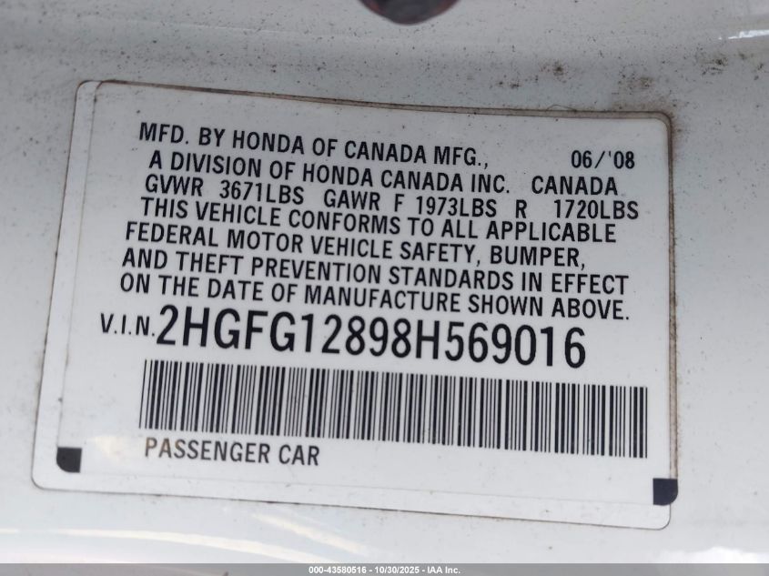 2008 Honda Civic Ex VIN: 2HGFG12898H569016 Lot: 43580516