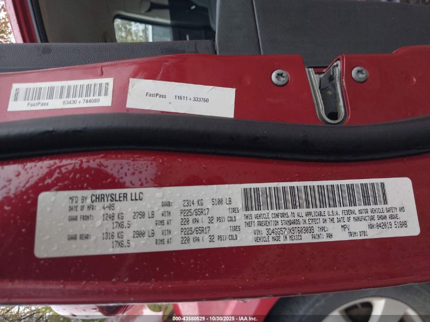 2009 Dodge Journey Sxt VIN: 3D4GG57VX9T603033 Lot: 43580529