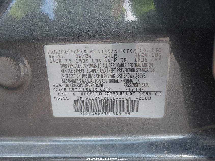 2024 Nissan Versa 1.6 S VIN: 3N1CN8DV0RL910429 Lot: 43580546