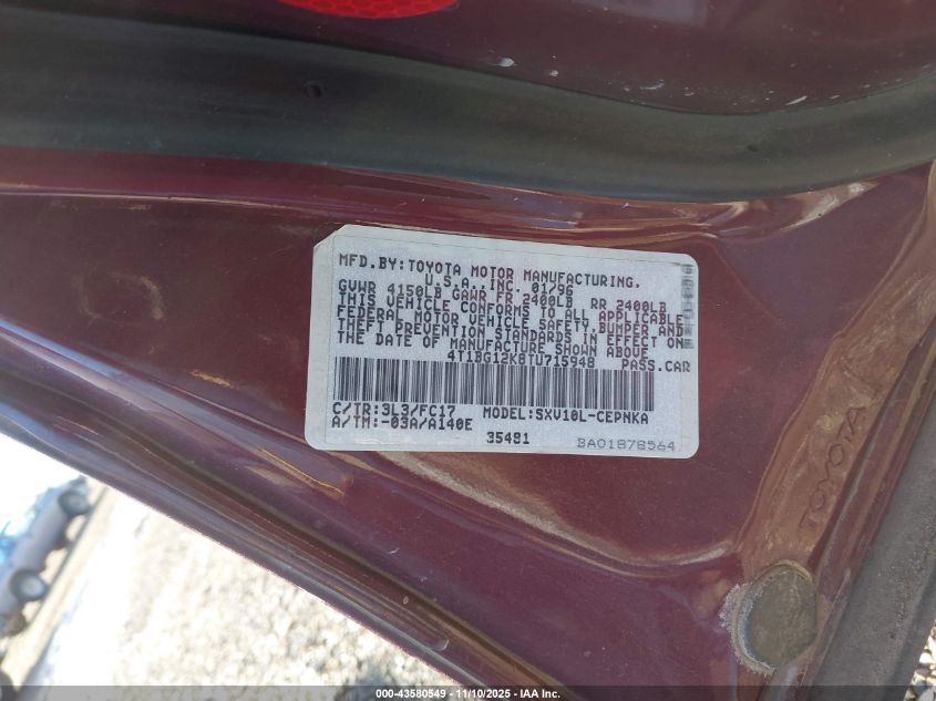 1996 Toyota Camry Dx/Le/Xle VIN: 4T1BG12K8TU715948 Lot: 43580549