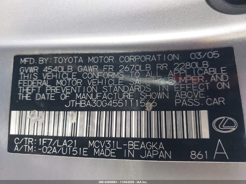 2005 Lexus Es 330 VIN: JTHBA30G455111566 Lot: 43580561