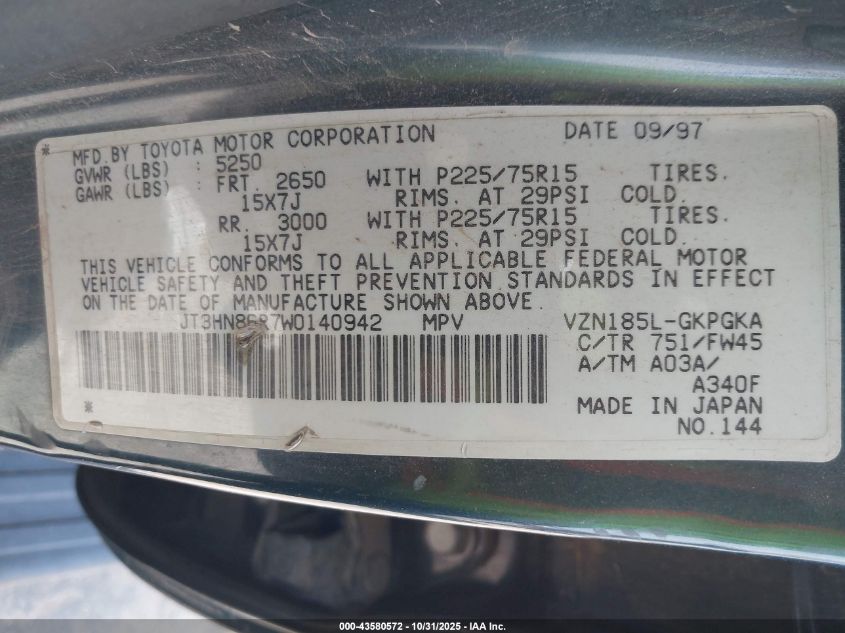 1998 Toyota 4Runner Sr5 V6 VIN: JT3HN86R7W0140942 Lot: 43580572