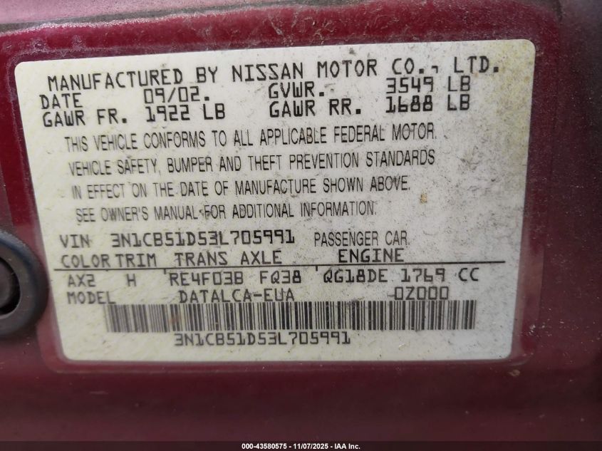 2003 Nissan Sentra Xe VIN: 3N1CB51D53L705991 Lot: 43580575