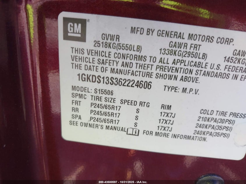 2006 GMC Envoy Slt VIN: 1GKDS13S362224606 Lot: 43580597