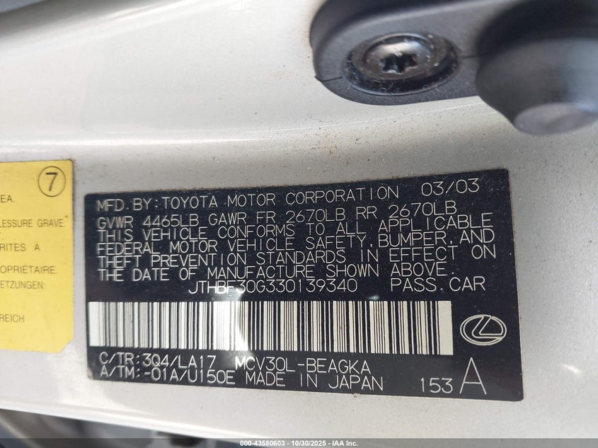 JTHBF30G330139340 2003 LEXUS ES photo no. 9