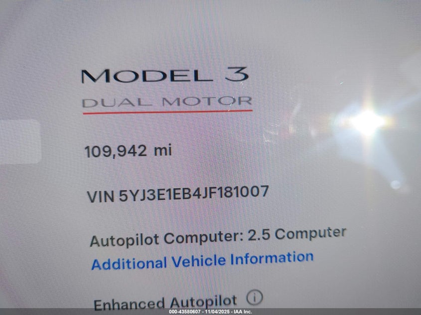 2018 Tesla Model 3 Long Range/Performance VIN: 5YJ3E1EB4JF181007 Lot: 43580607