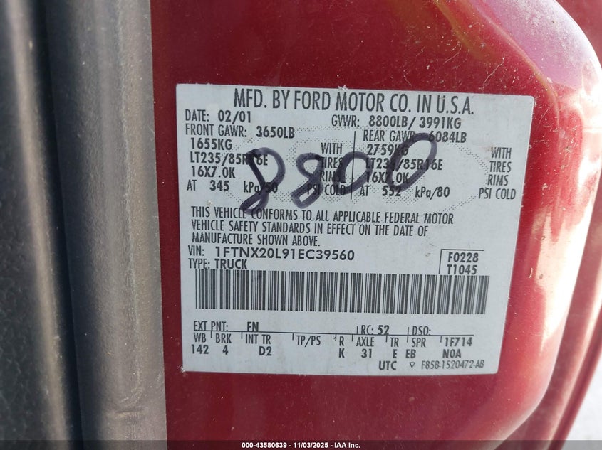 2001 Ford F-250 Lariat/Xl/Xlt VIN: 1FTNX20L91EC39560 Lot: 43580639