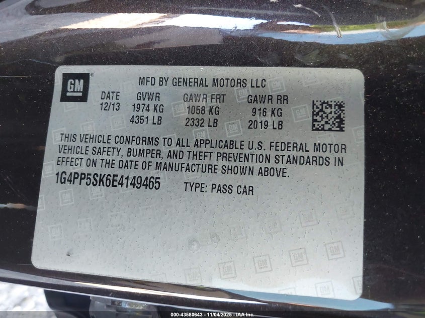 2014 BUICK VERANO 1G4PP5SK6E4149465