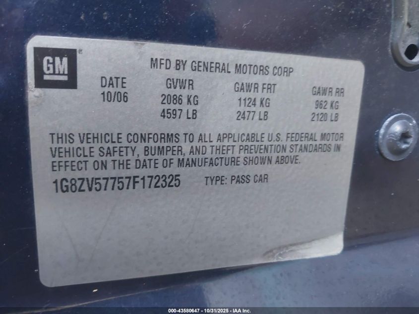 2007 Saturn Aura Xr VIN: 1G8ZV57757F172325 Lot: 43580647