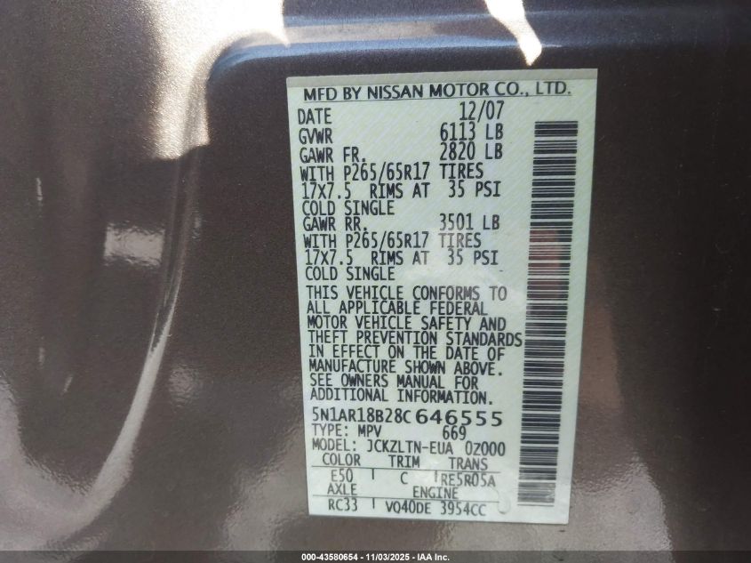 2008 Nissan Pathfinder Se VIN: 5N1AR18B28C646555 Lot: 43580654