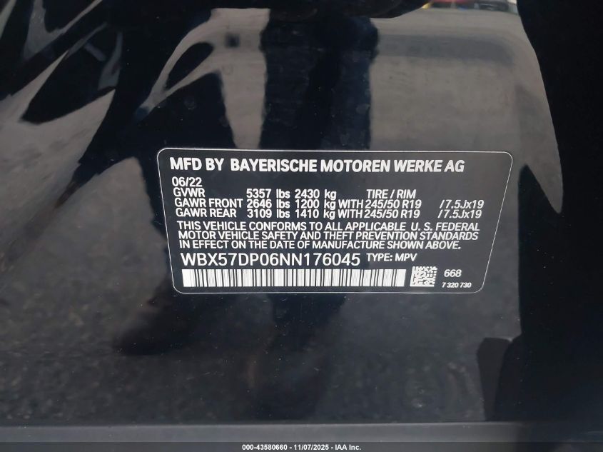 2022 BMW X3 xDrive30I VIN: WBX57DP06NN176045 Lot: 43580660