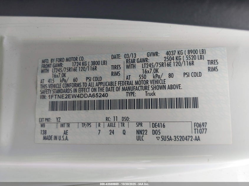 2013 FORD E-250 COMMERCIAL 1FTNE2EW4DDA65240