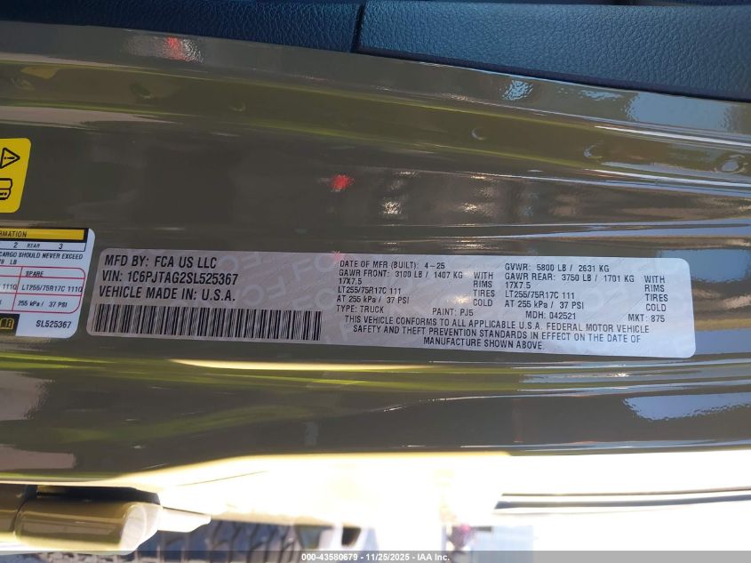 2025 Jeep Gladiator Texas Trail VIN: 1C6PJTAG2SL525367 Lot: 43580679