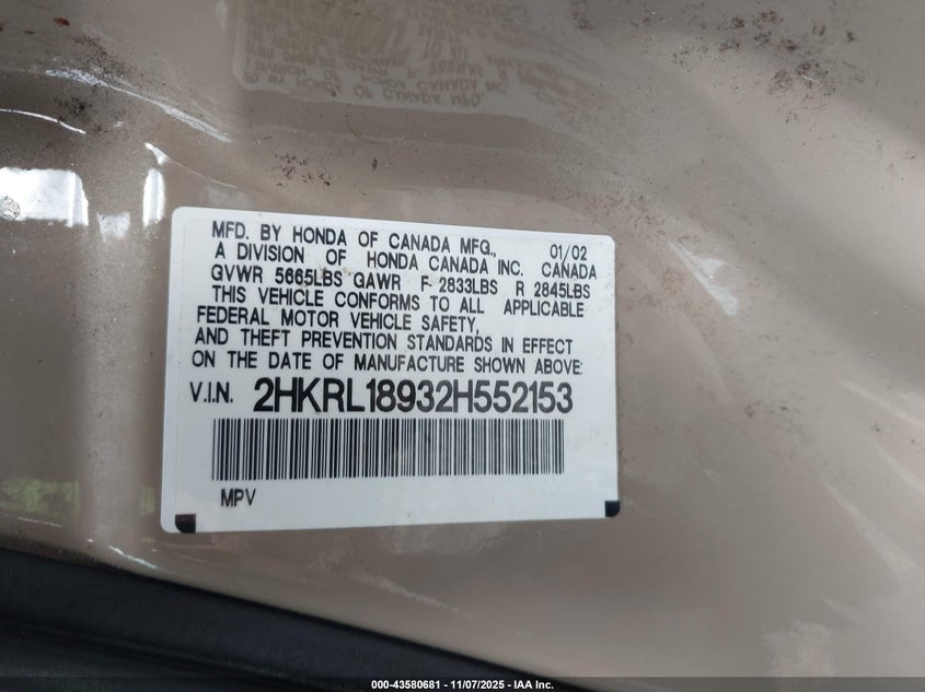 2002 Honda Odyssey Ex-L VIN: 2HKRL18932H552153 Lot: 43580681