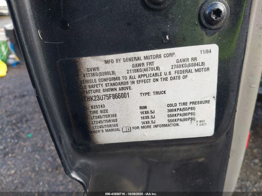 2005 GMC Sierra 2500Hd Slt VIN: 1GTHK23U75F866001 Lot: 43580716
