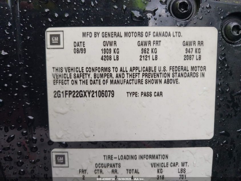 2000 Chevrolet Camaro Z28 VIN: 2G1FP22GXY2106079 Lot: 43580736