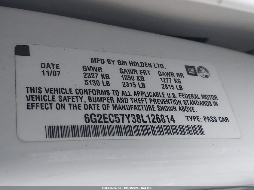 2008 Pontiac G8 Gt VIN: 6G2EC57Y38L126814 Lot: 43580738