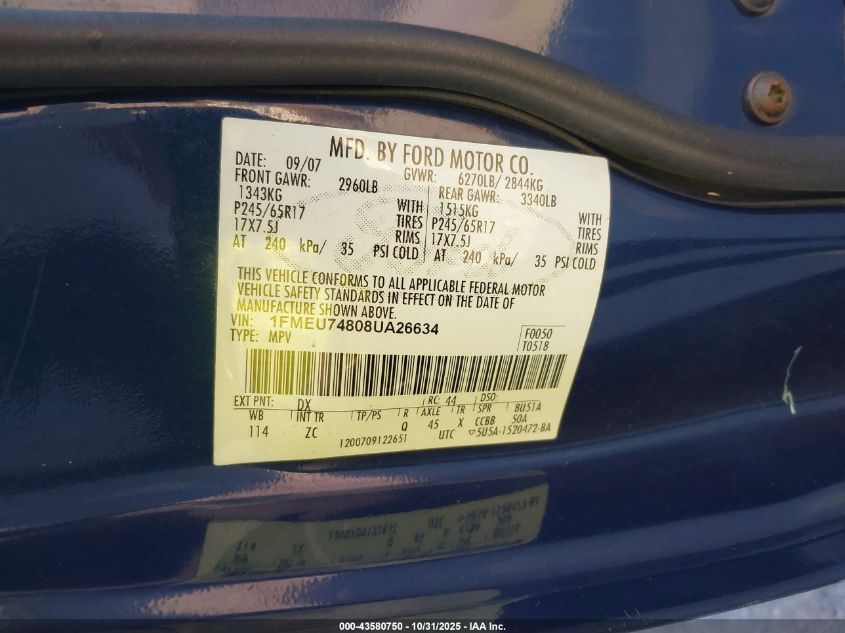 2008 Ford Explorer Eddie Bauer VIN: 1FMEU74808UA26634 Lot: 43580750