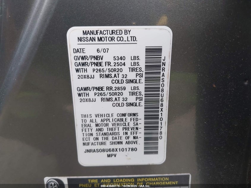 2008 Infiniti Fx35 VIN: JNRAS08U68X101780 Lot: 43580775