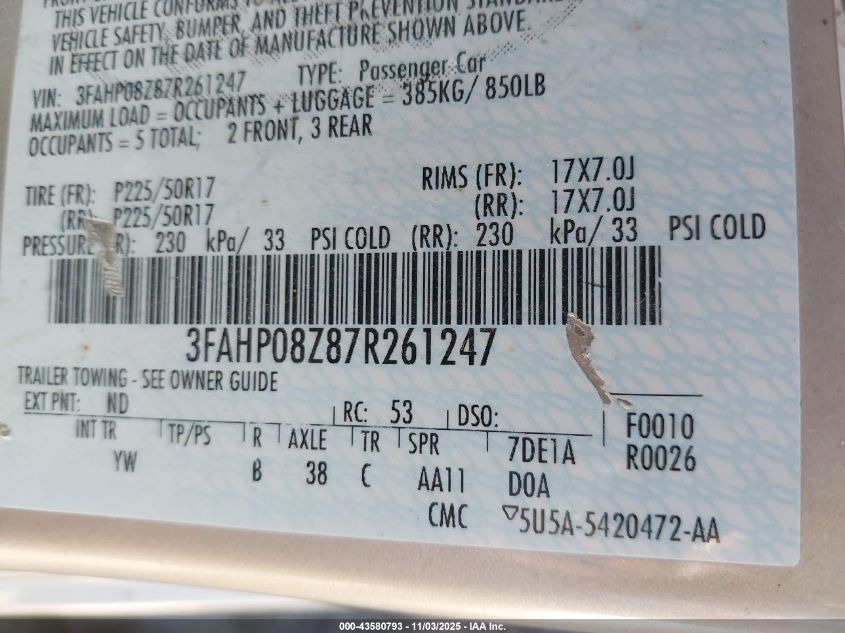 2007 Ford Fusion Sel VIN: 3FAHP08Z87R261247 Lot: 43580793