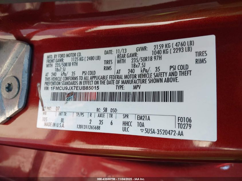 2014 Ford Escape Titanium VIN: 1FMCU9JX7EUB85015 Lot: 43580796