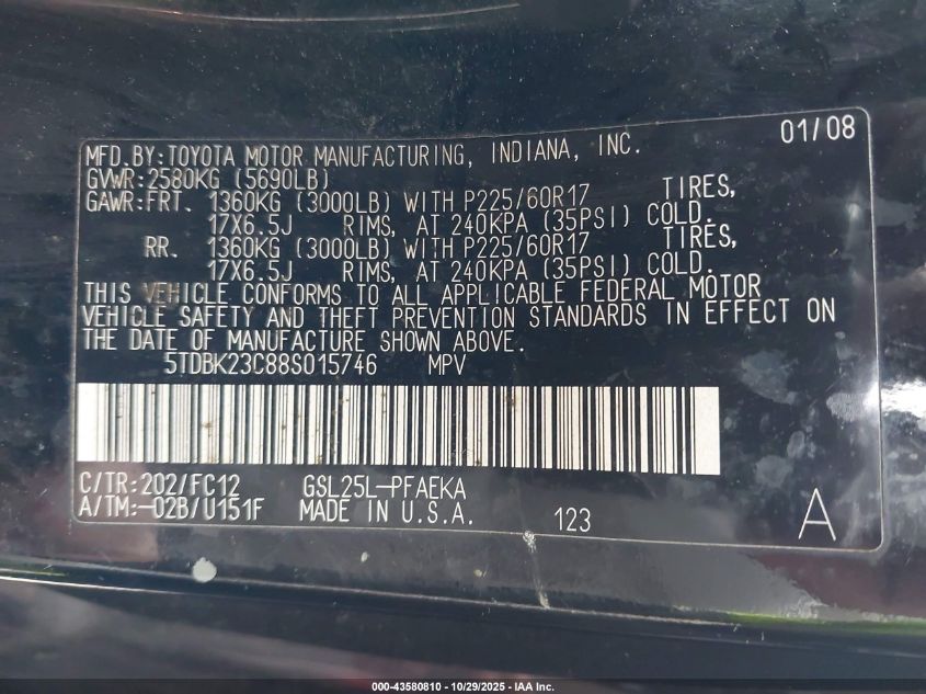 2008 Toyota Sienna Le VIN: 5TDBK23C88S015746 Lot: 43580810