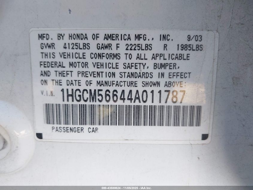 2004 Honda Accord 2.4 Ex VIN: 1HGCM56644A011787 Lot: 43580824