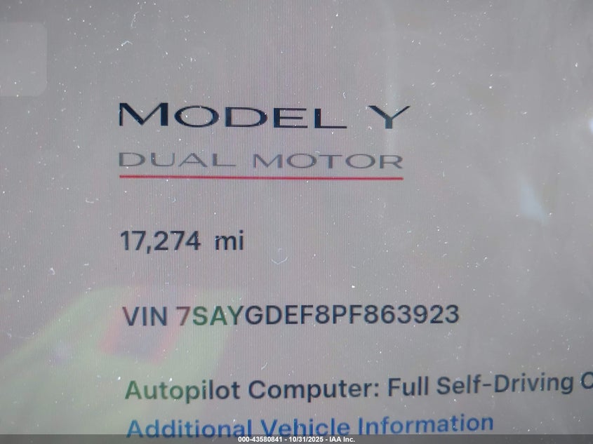 2023 Tesla Model Y Performance Dual Motor All-Wheel Drive VIN: 7SAYGDEF8PF863923 Lot: 43580841