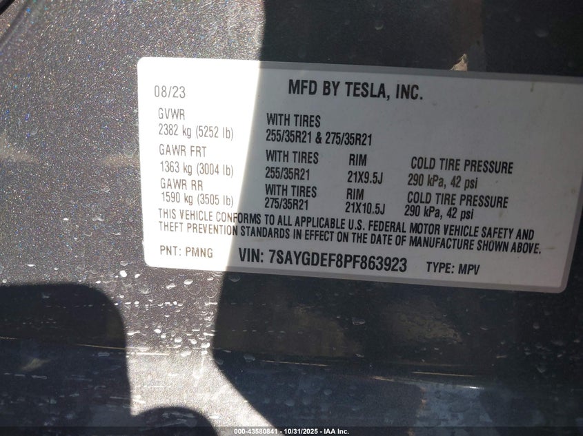 2023 Tesla Model Y Performance Dual Motor All-Wheel Drive VIN: 7SAYGDEF8PF863923 Lot: 43580841