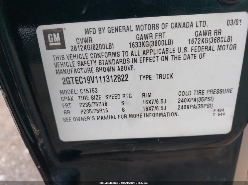2001 GMC Sierra 1500 Sle VIN: 2GTEC19V111312822 Lot: 43580849