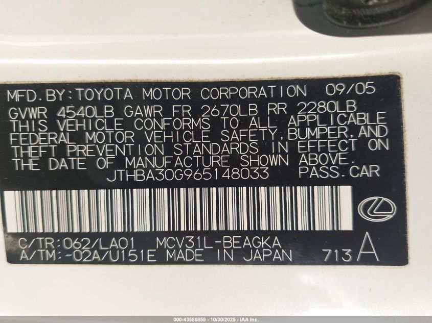 2006 Lexus Es 330 VIN: JTHBA30G965148033 Lot: 43580858