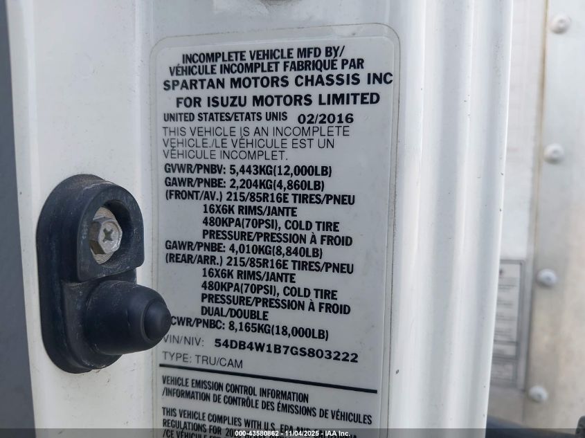 2016 Isuzu Npr Gas Reg VIN: 54DB4W1B7GS803222 Lot: 43580862