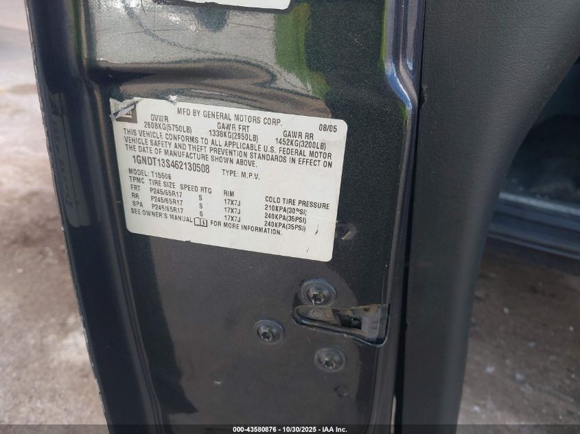2006 Chevrolet Trailblazer Lt VIN: 1GNDT13S462130508 Lot: 43580876