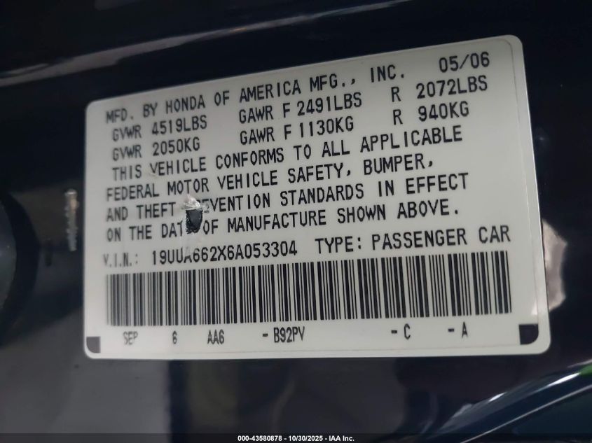 2006 Acura Tl VIN: 19UUA662X6A053304 Lot: 43580878