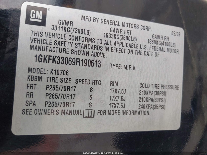2009 GMC Yukon Slt2 VIN: 1GKFK33069R190613 Lot: 43580882