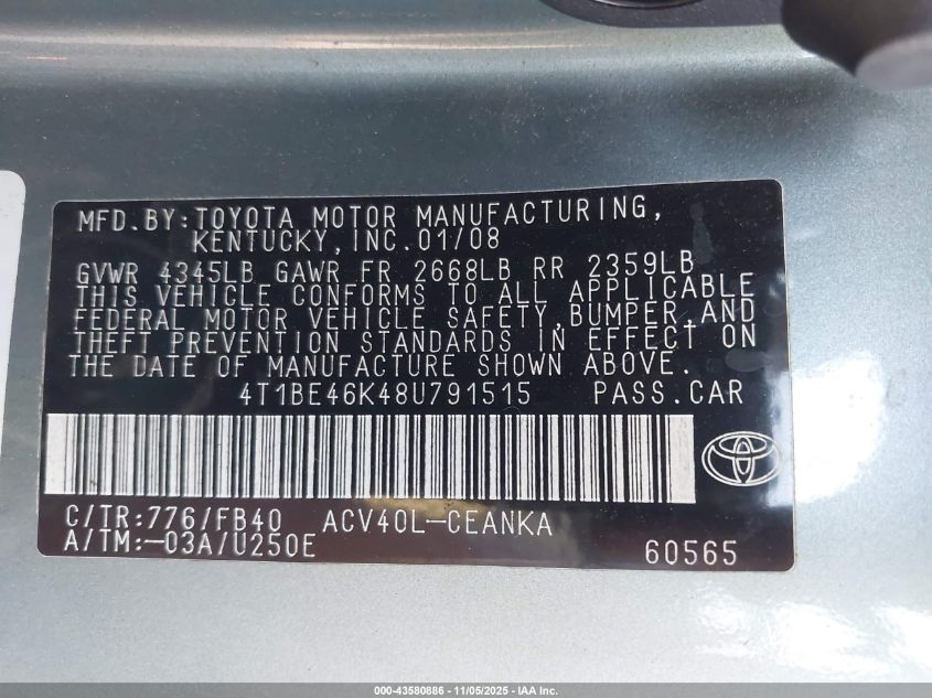 2008 Toyota Camry Le VIN: 4T1BE46K48U791515 Lot: 43580886