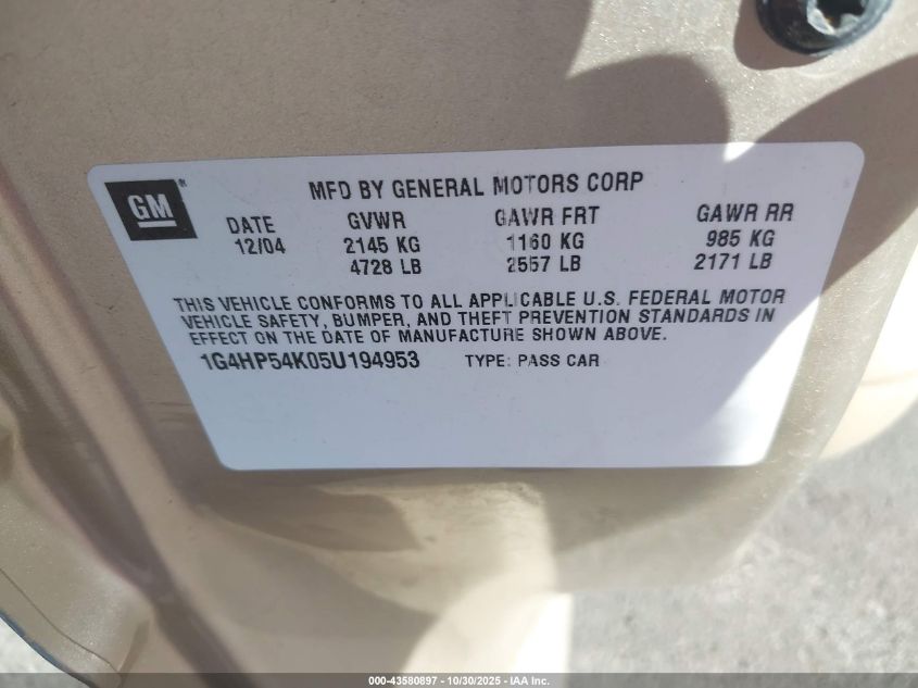 2005 Buick Lesabre Custom VIN: 1G4HP54K05U194953 Lot: 43580897