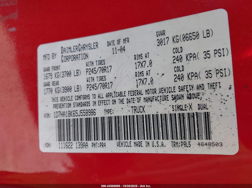2005 Dodge Ram 1500 St VIN: 1D7HA18K65J558986 Lot: 43580899