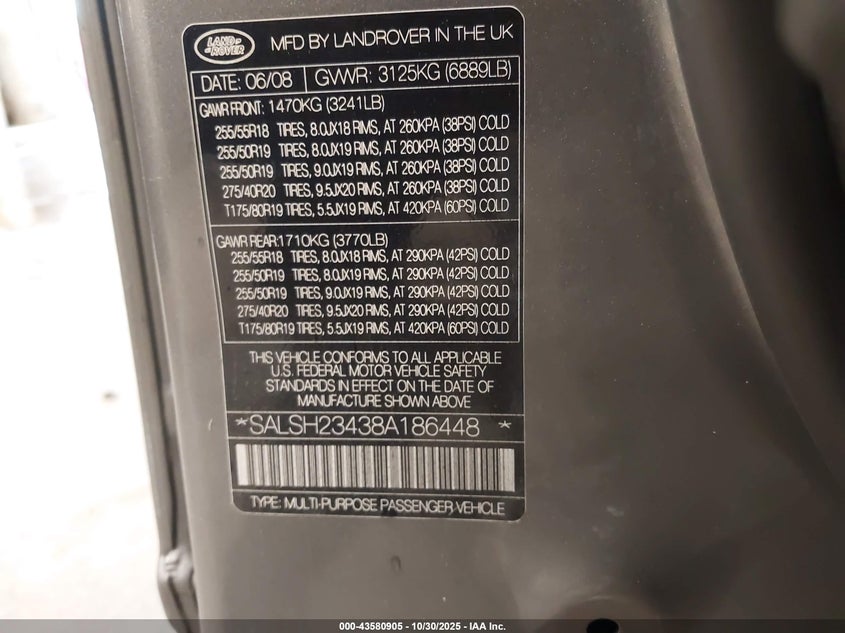 2008 Land Rover Range Rover Sport Supercharged VIN: SALSH23438A186448 Lot: 43580905