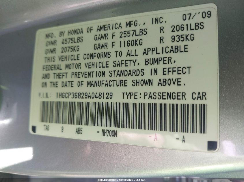 2009 Honda Accord 3.5 Ex-L VIN: 1HGCP36829A048129 Lot: 43580909