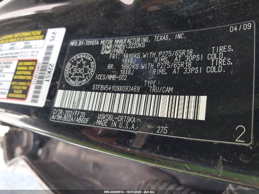 2009 Toyota Tundra Sr5 5.7L V8 VIN: 5TFBV54109X093469 Lot: 43580914