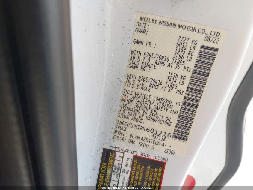 2023 Nissan Frontier King Cab S 4X4 VIN: 1N6ED1CM1PN601216 Lot: 43580942
