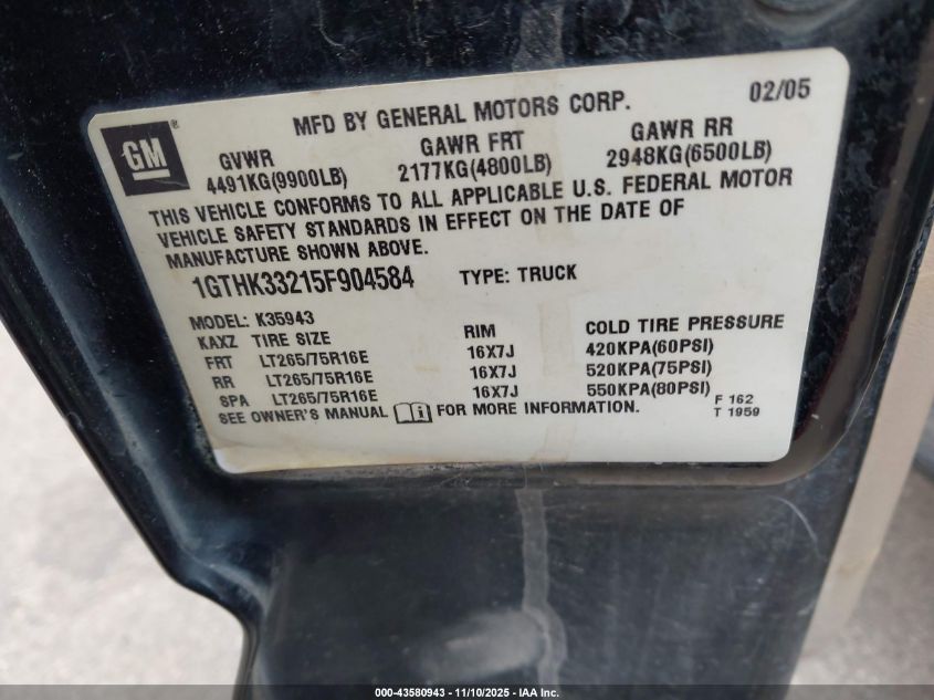 2005 GMC Sierra 3500 Slt VIN: 1GTHK33215F904584 Lot: 43580943