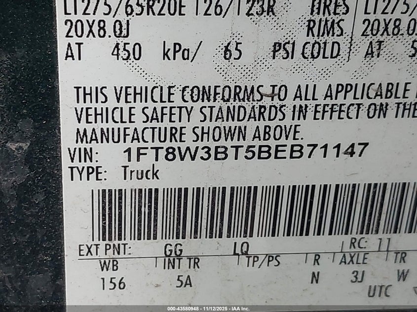 2011 Ford F-350 Lariat VIN: 1FT8W3BT5BEB71147 Lot: 43580948