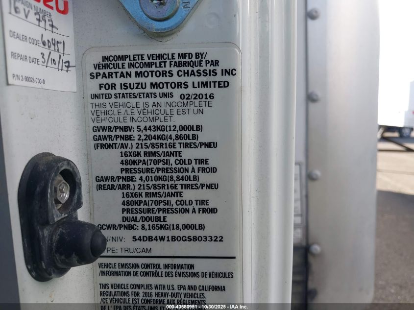 2016 Isuzu Npr VIN: 54DB4W1B0GS80332 Lot: 43580951