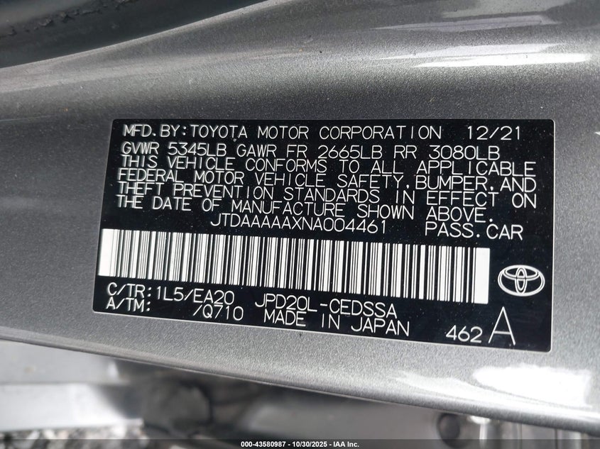 2022 Toyota Mirai Xle VIN: JTDAAAAAXNA004461 Lot: 43580987