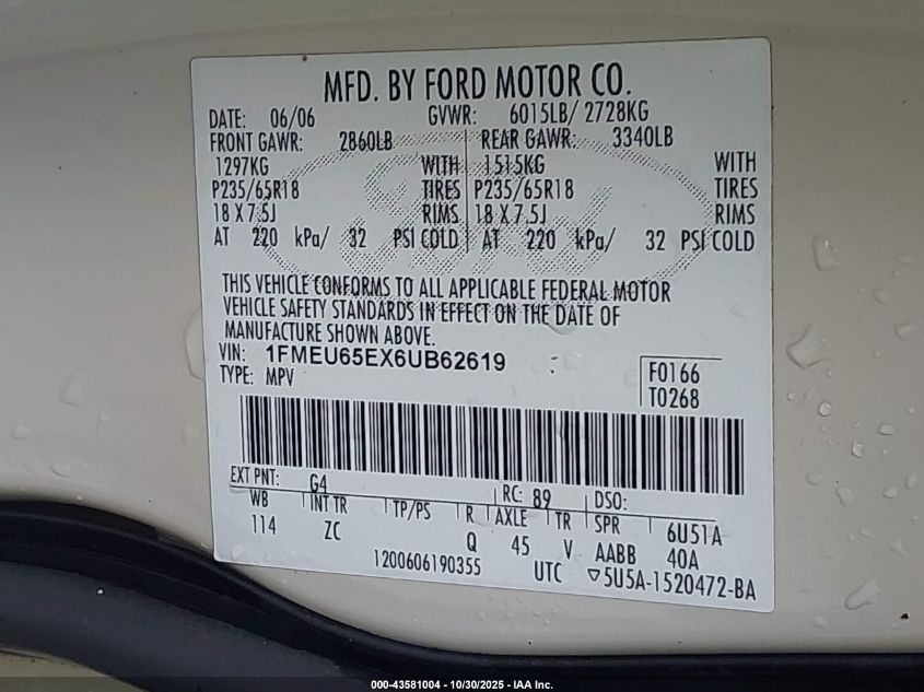 2006 Ford Explorer Limited VIN: 1FMEU65EX6UB62619 Lot: 43581004