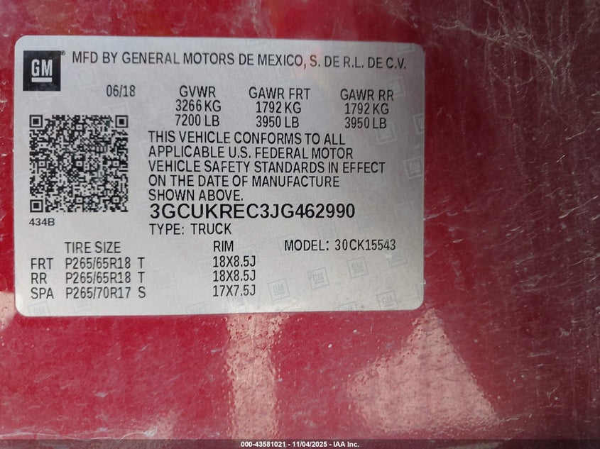 2018 CHEVROLET SILVERADO 1500 2LT 3GCUKREC3JG462990